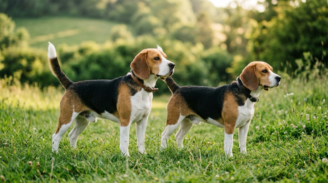 Two beagles of different sizes standing side by side
