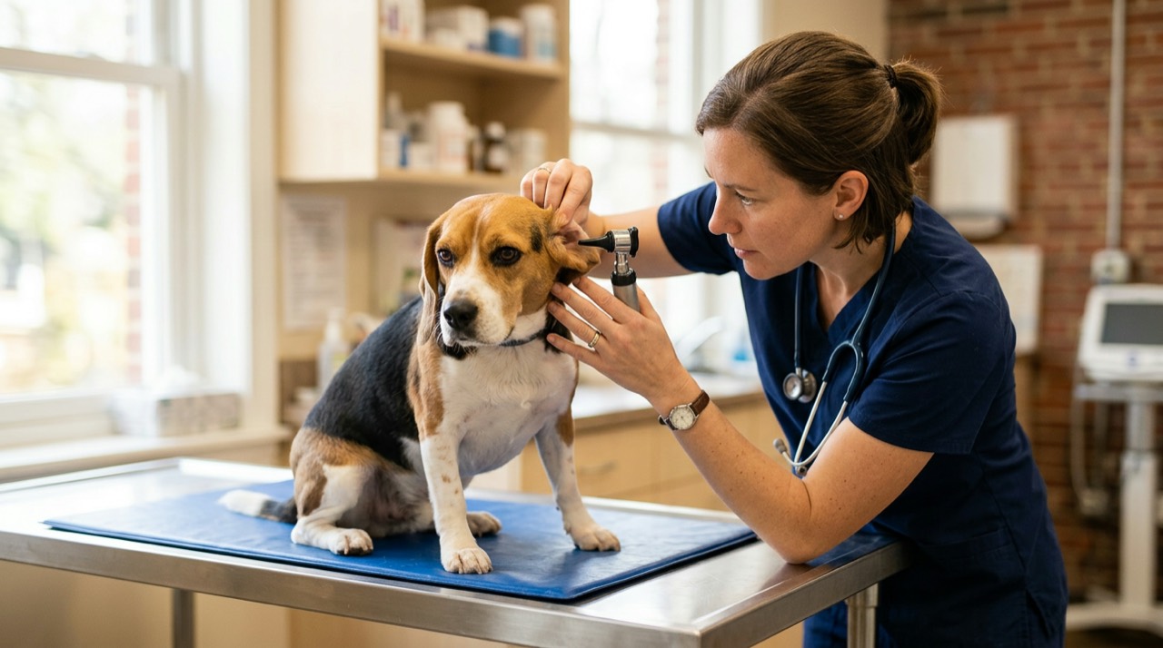Veterinarian checking a beagle's ear during an exam