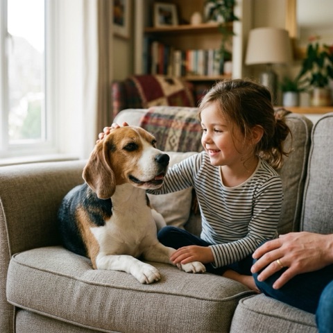 A child gently petting a beagle on a sofa