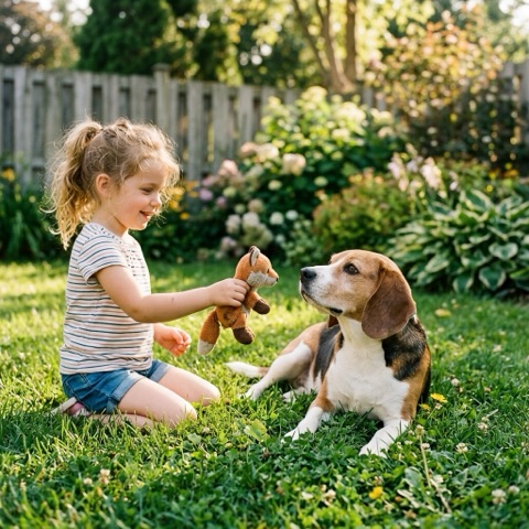 A child playing gently with a beagle in the yard