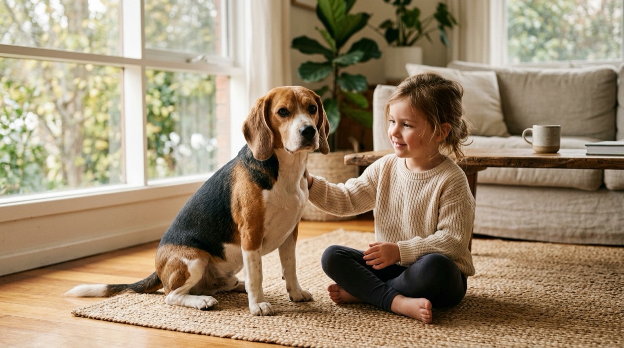 A beagle sitting calmly beside a child on a living room rug