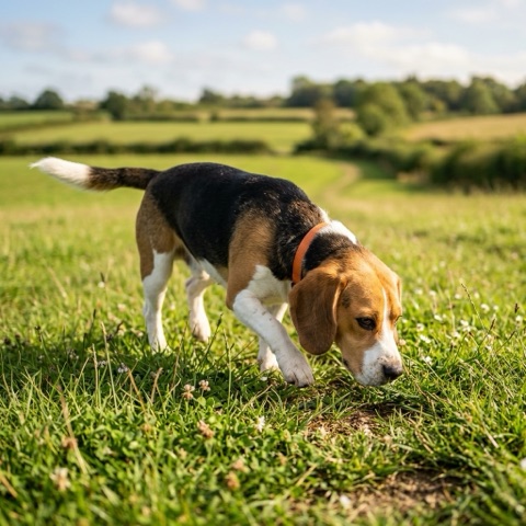 A beagle following a scent with its nose down