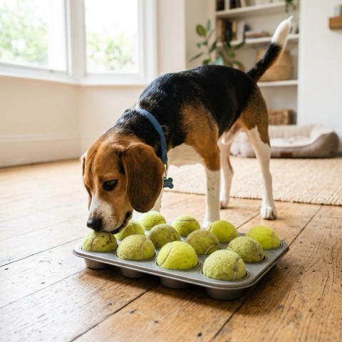 A beagle playing the muffin tin scent game