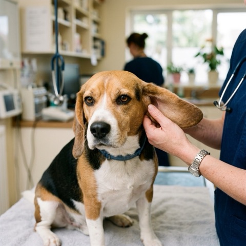 A vet gently lifting a beagle's ear to check it