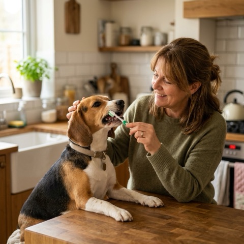 Brushing a beagle's teeth with a dog toothbrush