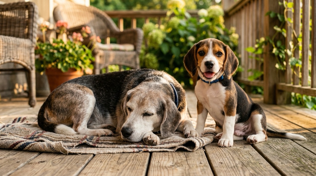 A senior beagle resting beside a beagle puppy on a sunny porch