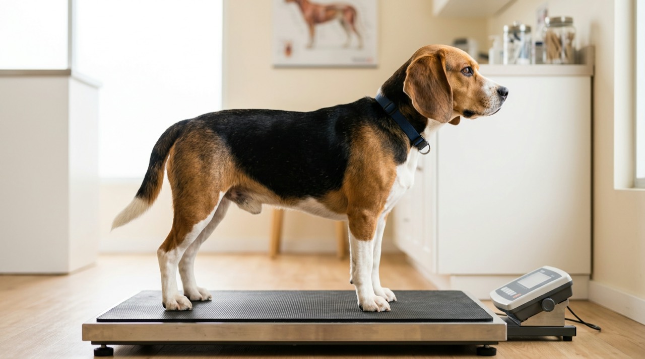 A beagle standing on a veterinary scale