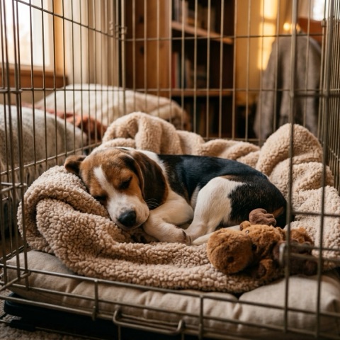 A beagle puppy settling in a cozy crate