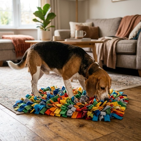 A beagle foraging in a snuffle mat
