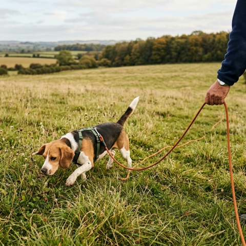 A beagle on a long line exploring a field
