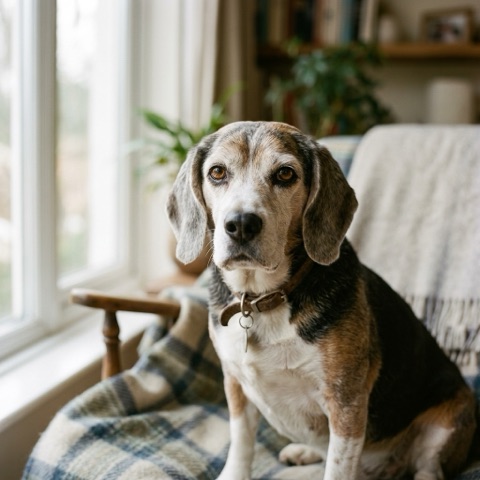 Portrait of a senior beagle with a gray muzzle