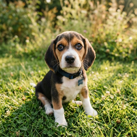 A beagle puppy sitting on the grass