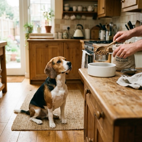 Measuring a beagle's meal with a cup