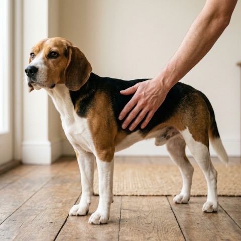 Checking a beagle's ribs by hand