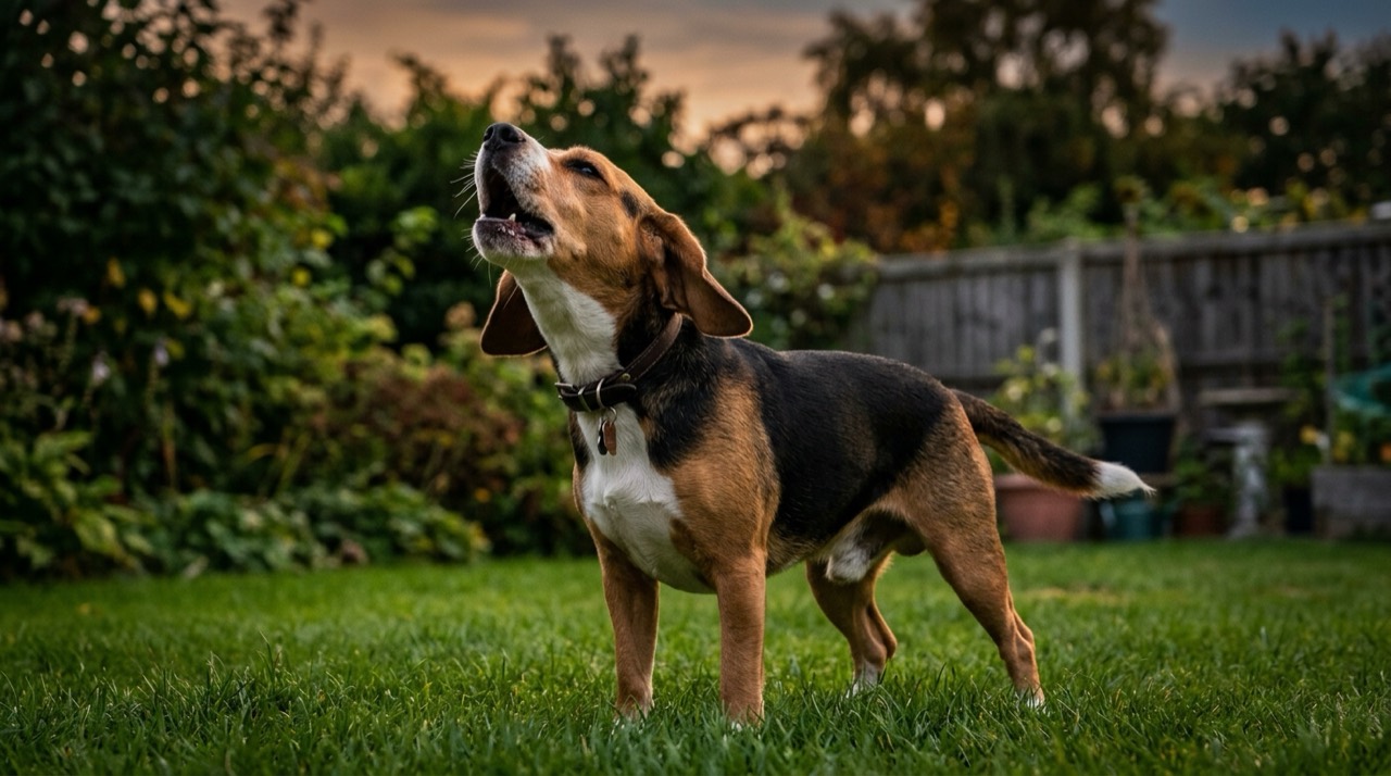 A beagle howling with its head tilted back in a backyard